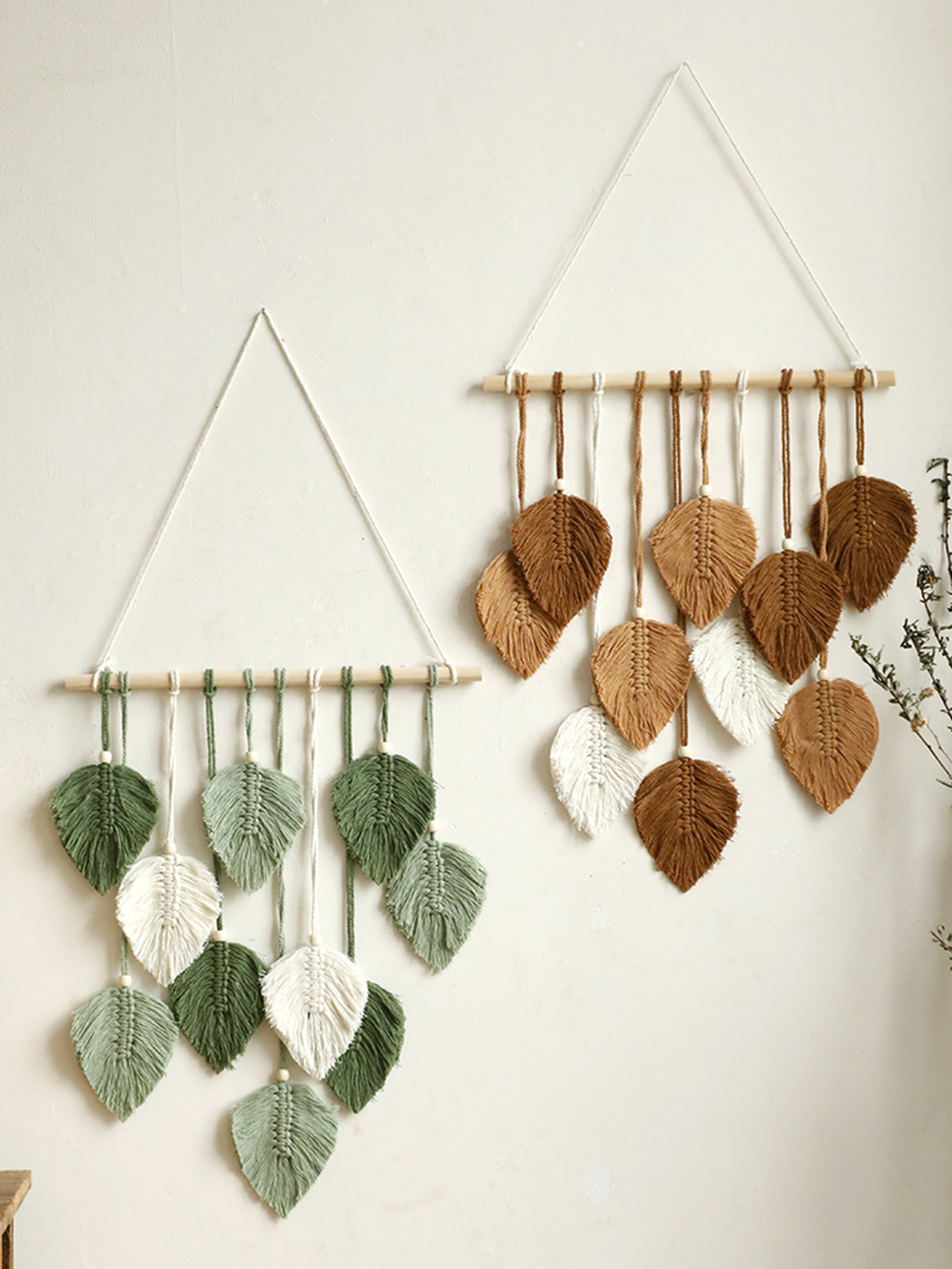 Macrame Cord Cotton - Leaf Macrame Tapestry Brown Green Wall